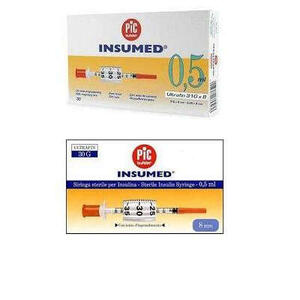 Pic - Siringa per insulina  insumed 0,3 ml 100 ui spazio zero ago 30 gauge 8 mm 3 sacchetti da 10 pezzi